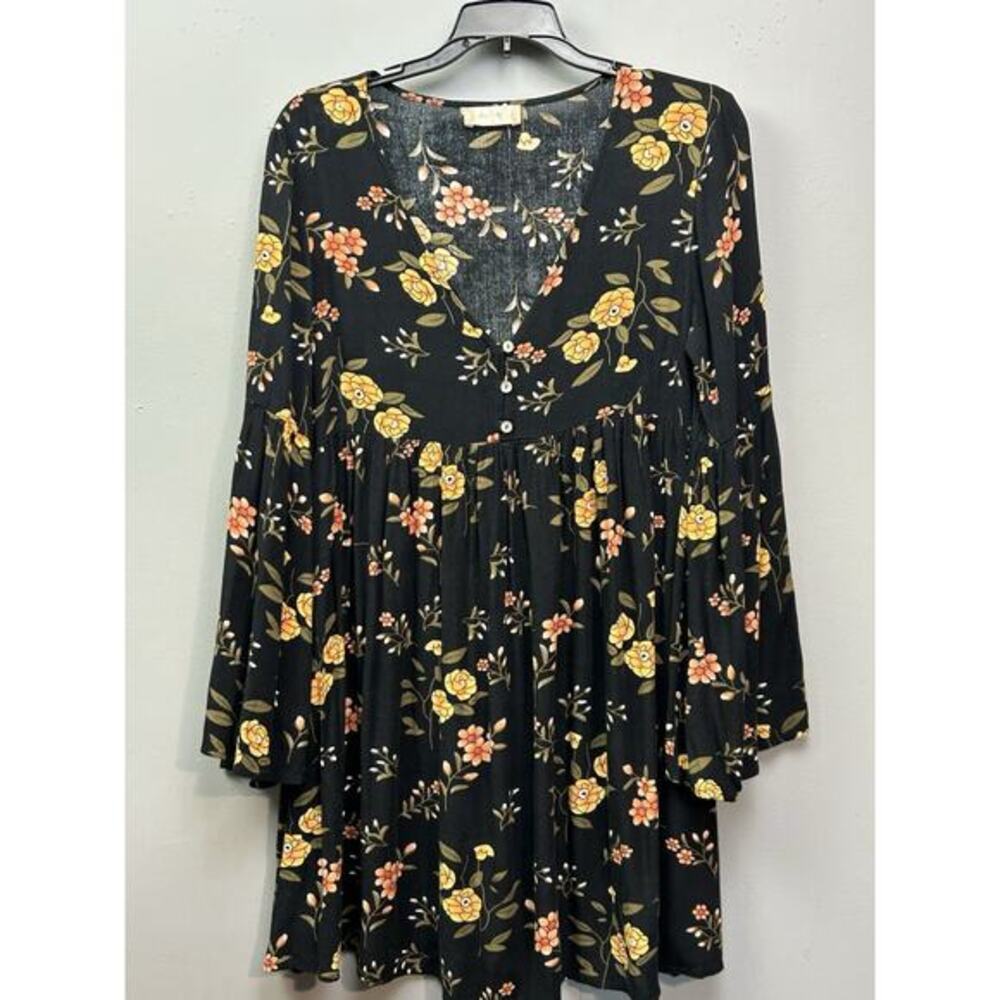 Altar'd State Floral Dress Boho Bell Sleeve Womens Small Black Swing Button